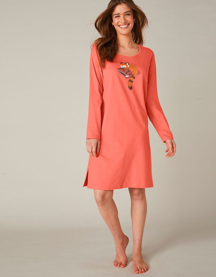 Chemise de nuit courte manches longues motif "panda roux" (corail)