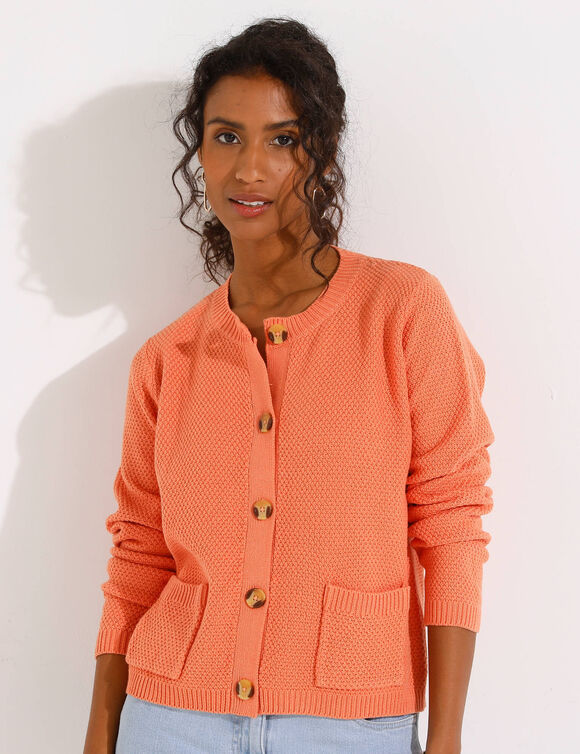 Gilet paletot maille fantaisie, boutons effet corne (abricot)