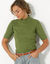 Pull col montant manches courtes, maille côtelée (vert olive)