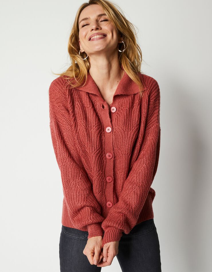 Cardigan maille fantaisie manches blousantes avec col (bois de rose) Cardigan maille fantaisie manches blousantes avec col (bois de rose)