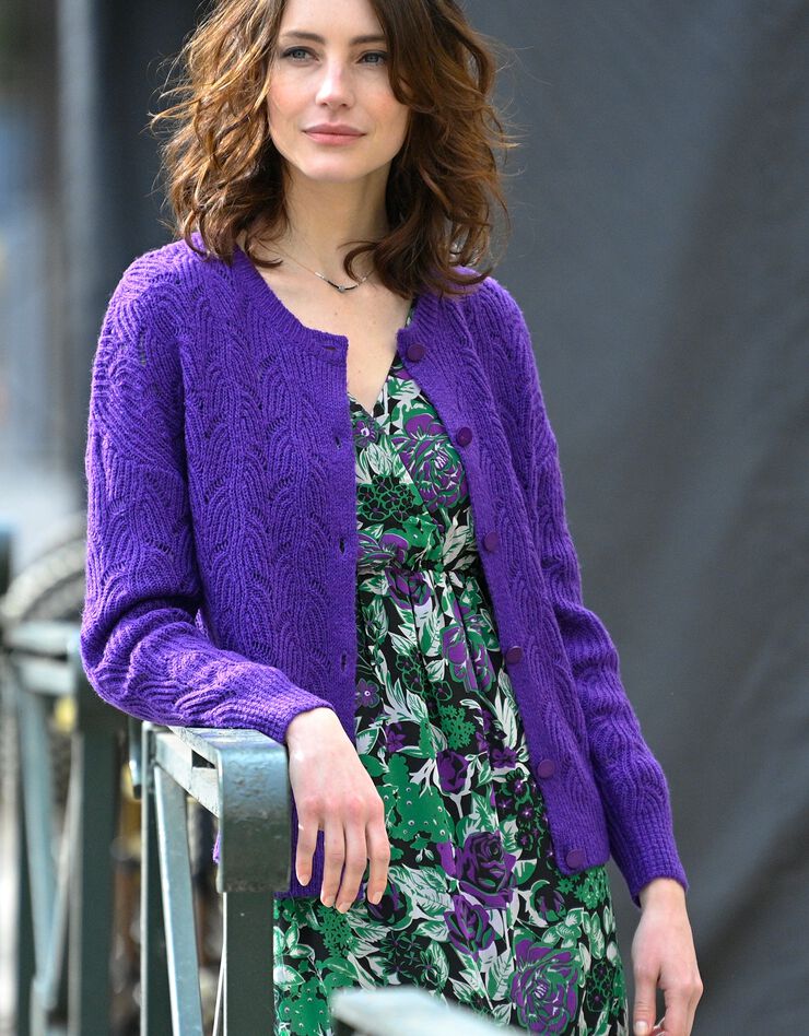 Gilet boutonné maille perlée ajourée (violet) Gilet boutonné maille perlée ajourée (violet)