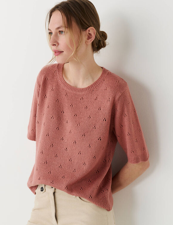 Pull manches courtes, maille pointelle toucher doux (bois de rose)
