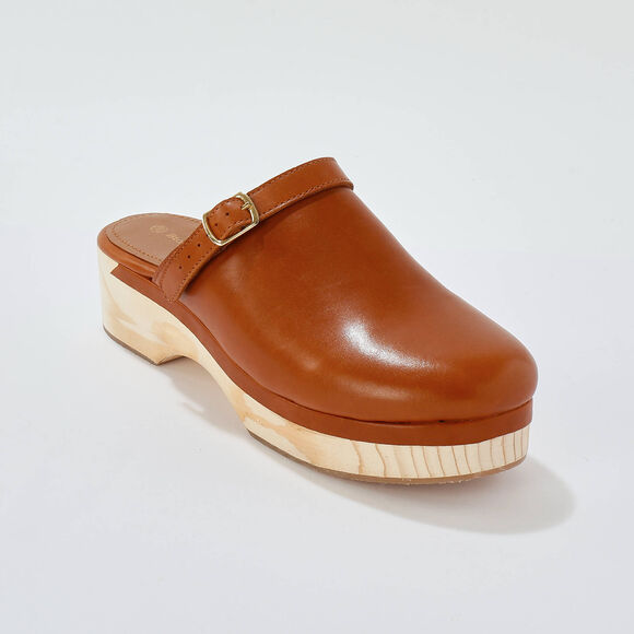 Sabots &agrave; talon cuir et bois (caramel)
