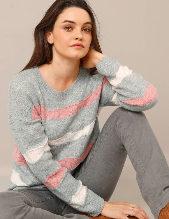 Pull col rond rayures fantaisies (gris chiné / rose)