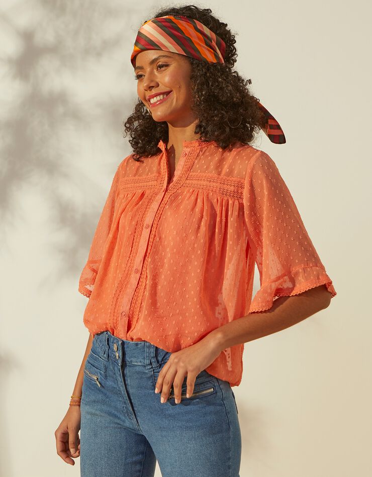 Blouse voile plumetis manches courtes (pêche) Blouse voile plumetis manches courtes (pêche)