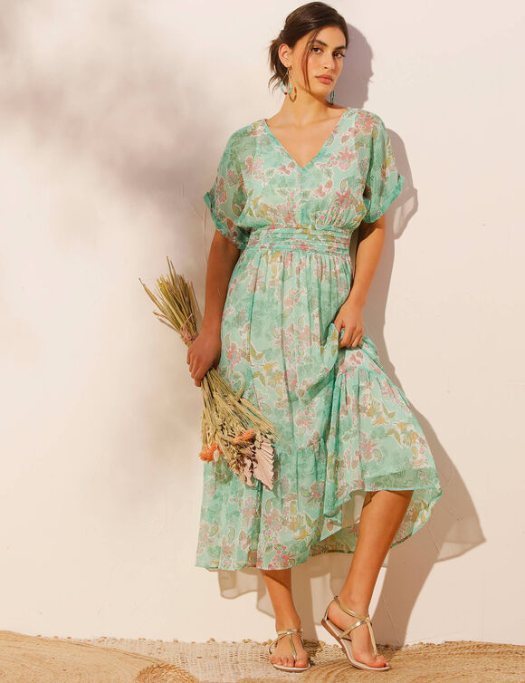 Robe longue voile imprimé (vert / rose)