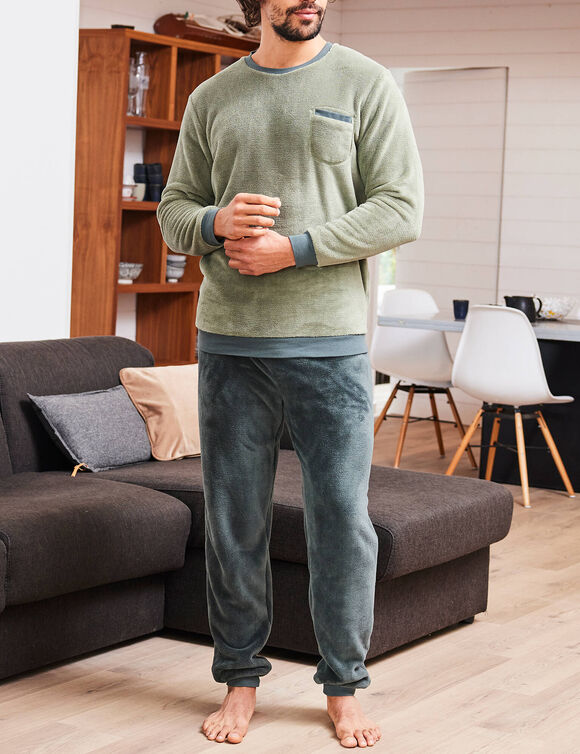 Pyjama pantalon bicolore maille polaire manches longues (kaki)