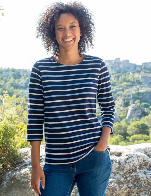 T-shirt ray&eacute; manches 3/4, maille jersey (marine / &eacute;cru)