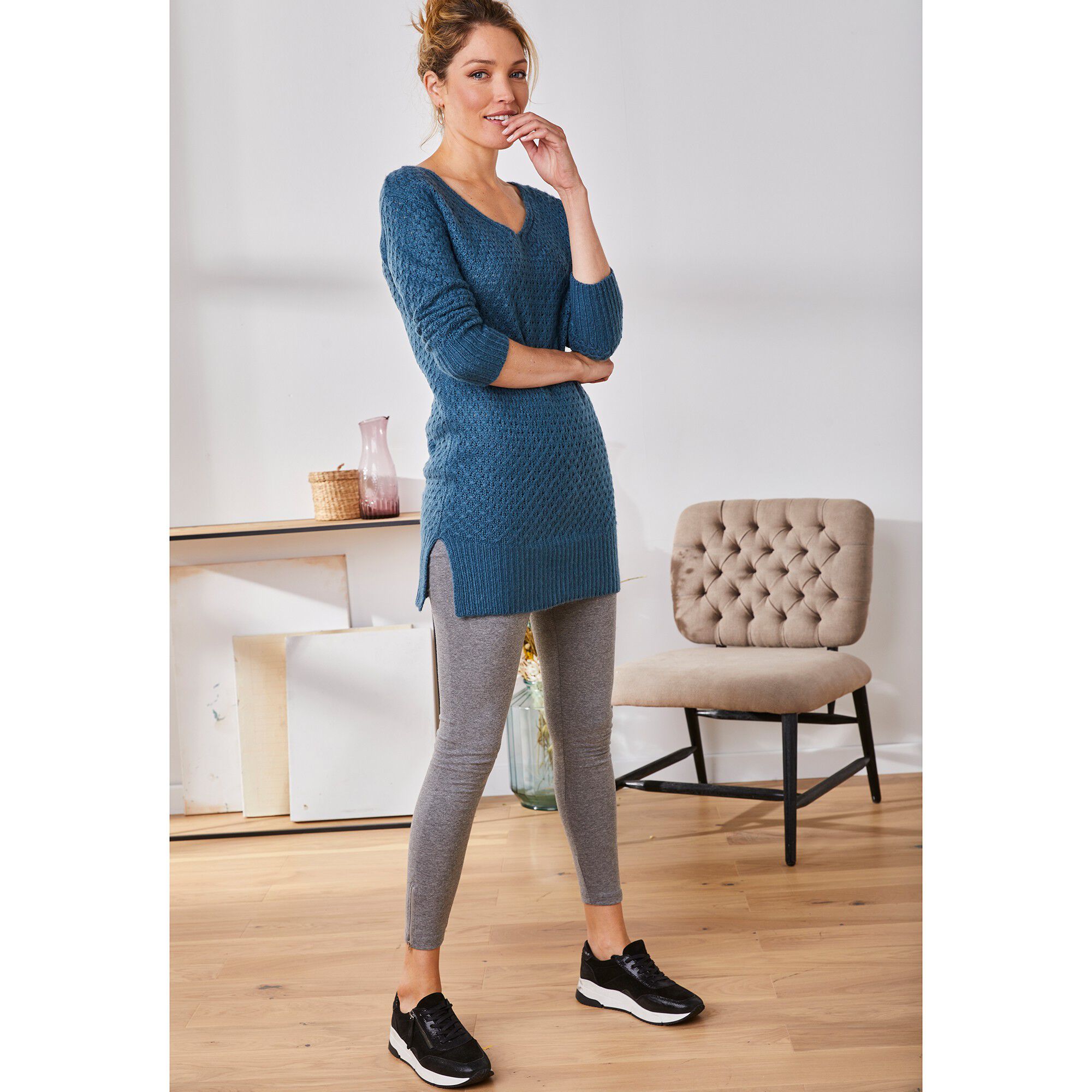 Pull tunique, col V, maille fantaisie | Blancheporte