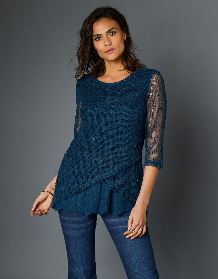 Pull fantaisie effet 2en1 manches 3/4 (bleu canard) Pull fantaisie effet 2en1 manches 3/4 (bleu canard)