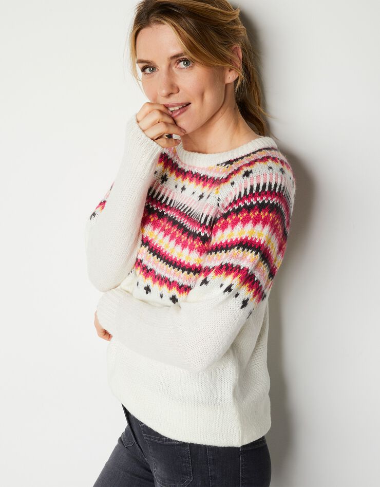 Pull col rond motif jacquard, toucher mohair (écru / rose) Pull col rond motif jacquard, toucher mohair (écru / rose)