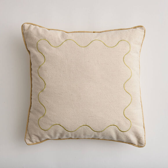 Coussin carr&eacute; brod&eacute; vagues, en coton/lin (naturel)