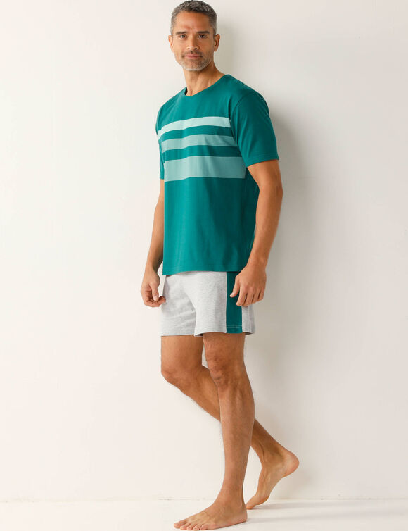 Pyjama short coton rayures plac&eacute;es col rond (vert / gris)