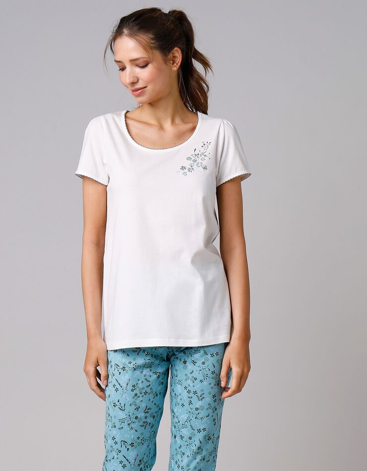 Tee-shirt de pyjama manches courtes imprimé placé fleurs (écru)