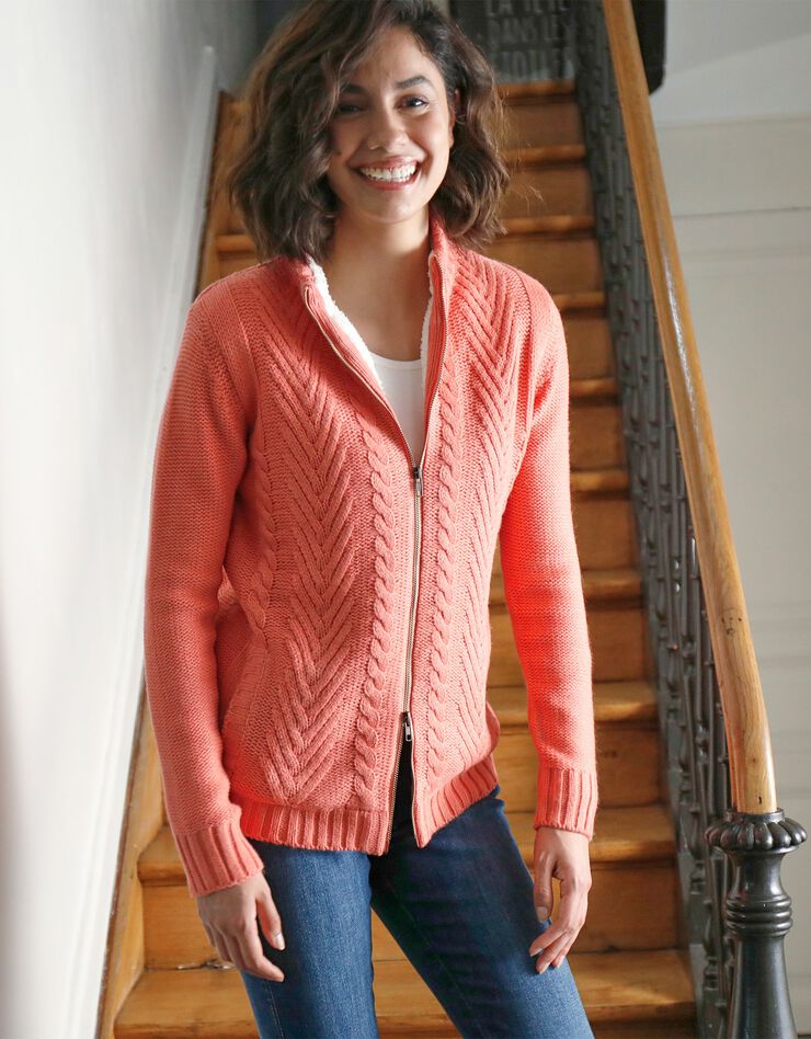 Gilet zippé torsadé doublé maille peluche (corail grisé) Gilet zippé torsadé doublé maille peluche (corail grisé)