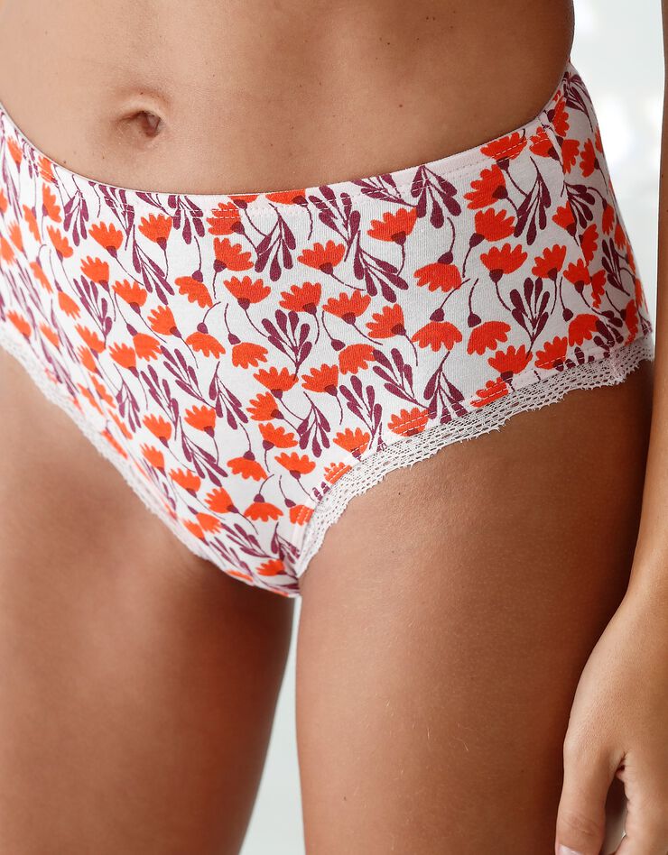 Culotte taille haute coton stretch imprimé " fleurs" et dentelle - lot de 3 (prune / corail) Culotte taille haute coton stretch imprimé " fleurs" et dentelle - lot de 3 (prune / corail)