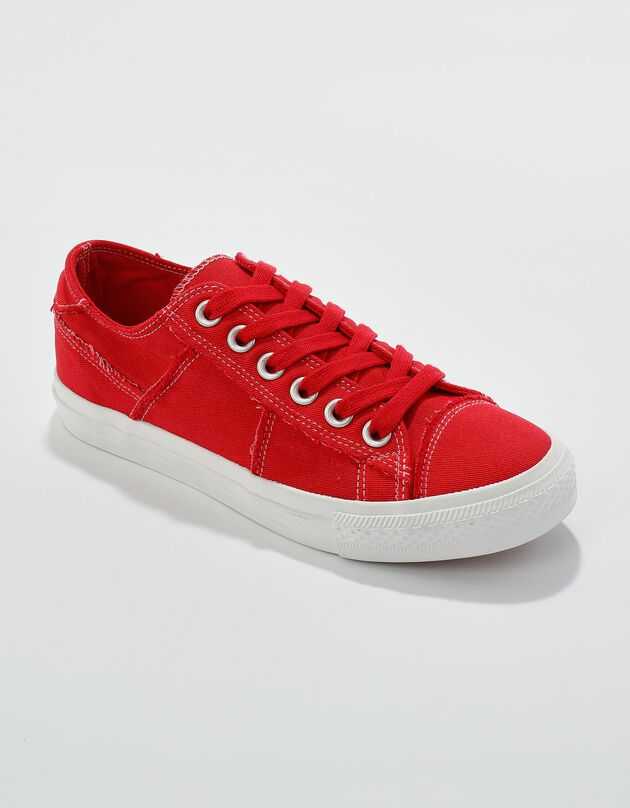 Tennis lacées en toile délavée à surpiqûres (rouge)