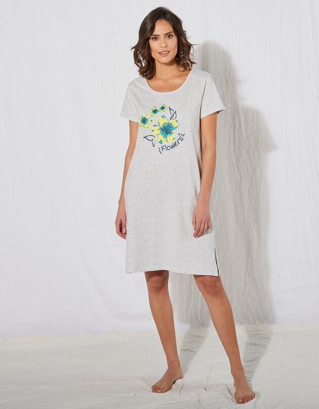 Chemise de nuit version courte – imprimé fleurs de Tiaré (gris chiné) Chemise de nuit version courte – imprimé fleurs de Tiaré (gris chiné)