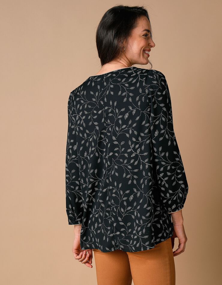 Blouse évasée détails dorés imprimé bicolore, crêpe (noir / blanc) Blouse évasée détails dorés imprimé bicolore, crêpe (noir / blanc)