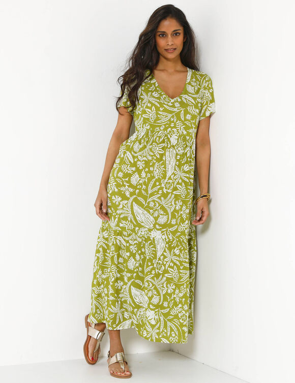 Robe longue imprim&eacute;e col V, cr&eacute;pon (vert mousse / blanc)