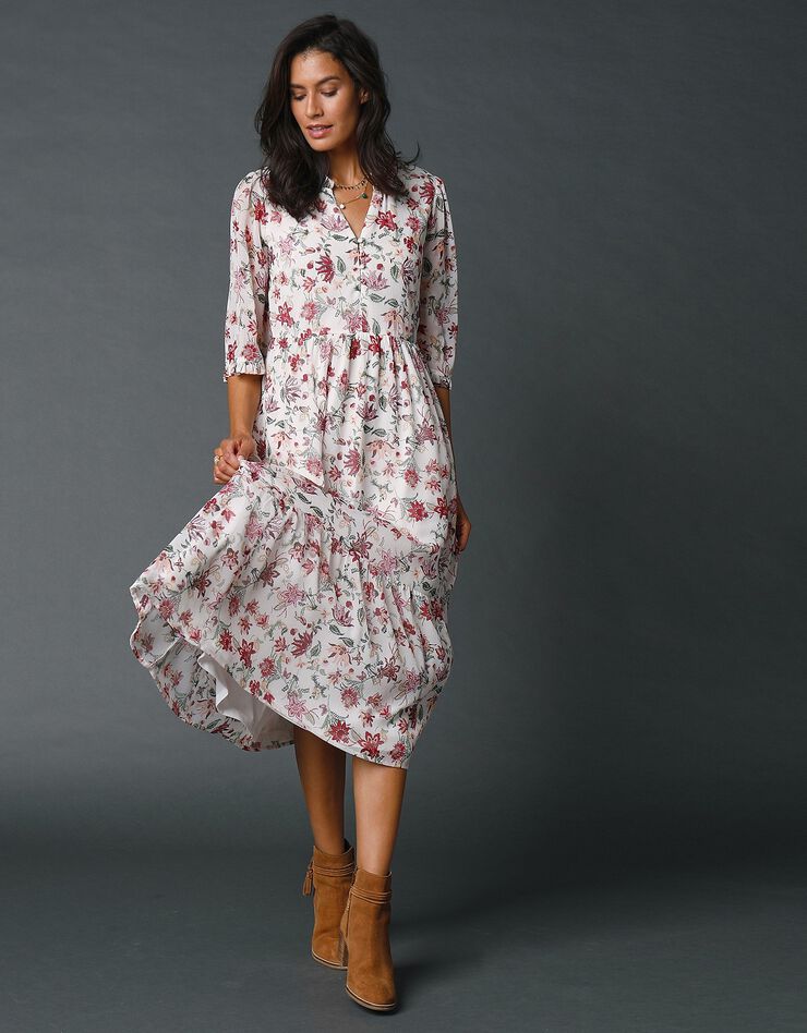 Robe imprimée à volants (écru / prune) Robe imprimée à volants (écru / prune)