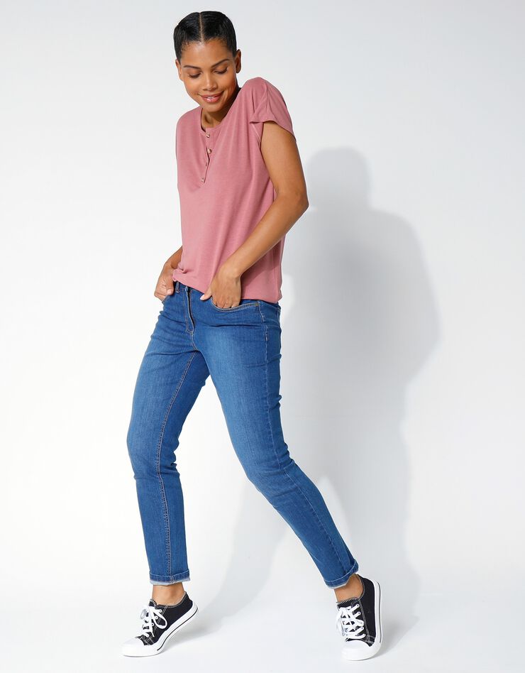 Tee-shirt col tunisien uni, maille fluide (bois de rose) Tee-shirt col tunisien uni, maille fluide (bois de rose)