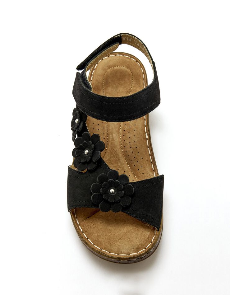 Sandales scratchées à fleurs, cuir velours (noir) Sandales scratchées à fleurs, cuir velours (noir)