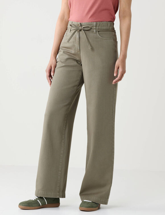 Pantalon large taille haute semi-&eacute;lastiqu&eacute;e &agrave; nouette, coton (kaki)
