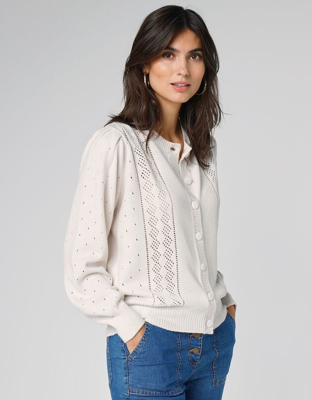 Cardigan boutonné, maille ajourée toucher cachemire (écru)