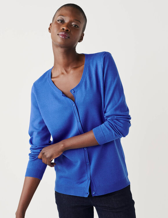 Cardigan boutonn&eacute; col rond uni, toucher doux (bleu)
