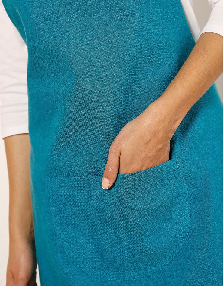 Tablier de cuisine uni forme bavette - lin coton (bleu)