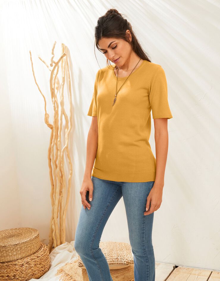 Pull uni manches courtes toucher cachemire (mangue) Pull uni manches courtes toucher cachemire (mangue)