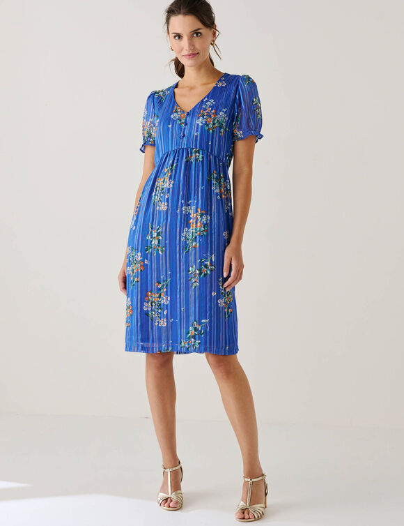 Robe courte imprim&eacute; floral, voile fils brillants (bleu / orange)