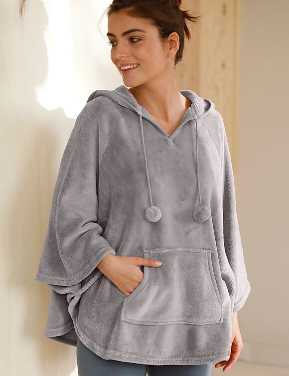 Poncho ?� capuche, maille polaire toucher peluche, gris | Blancheporte