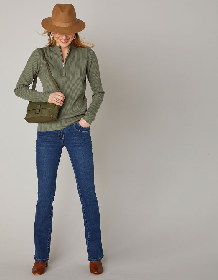 Pull col montant zippé maille côtelée (kaki) Pull col montant zippé maille côtelée (kaki)