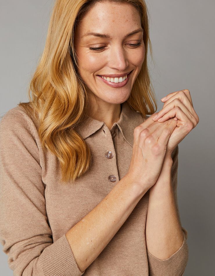 Pull col polo, laine d'agneau (beige chiné) Pull col polo, laine d'agneau (beige chiné)