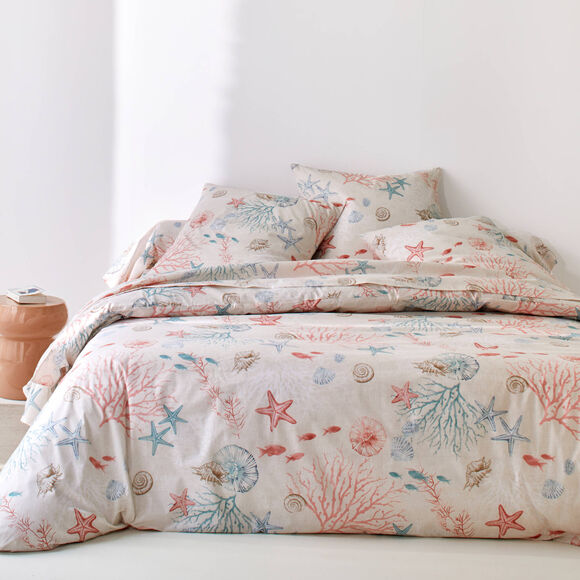 Linge de lit Coraux en coton imprim&eacute; (&eacute;cru)