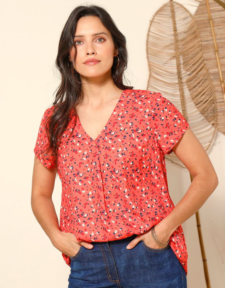 Blouse V manches courtes, crêpe imprimé feuilles (corail / marine) Blouse V manches courtes, crêpe imprimé feuilles (corail / marine)