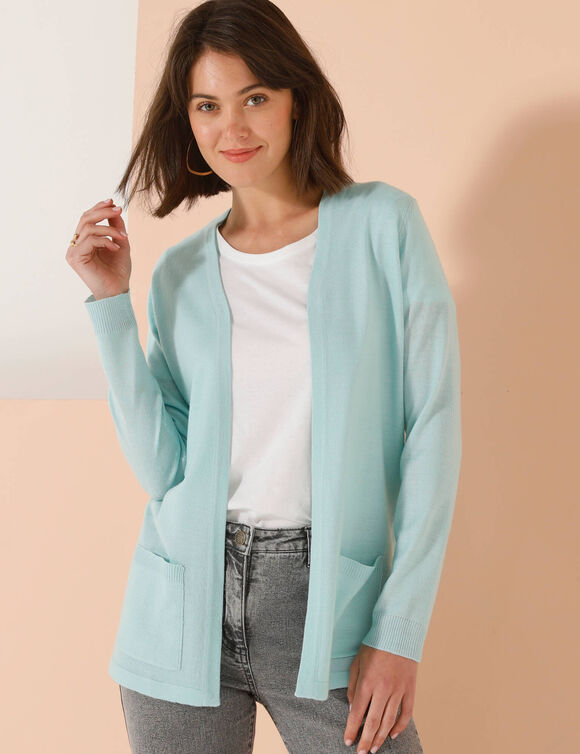 Gilet porter ouvert, maille toucher doux (vert d'eau)
