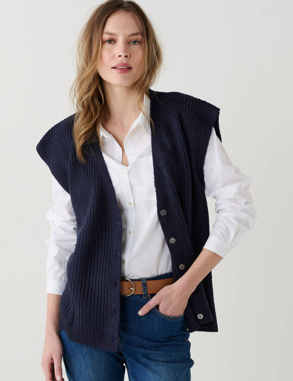 Gilet sans manches &agrave; boutons paillet&eacute;s, maille anglaise (marine)