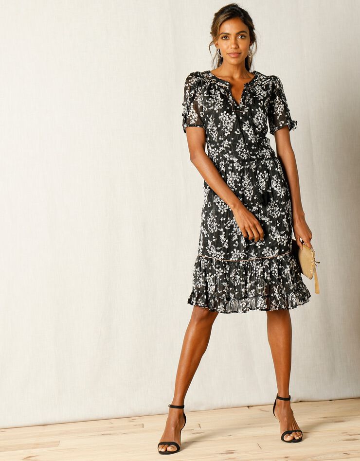 Robe imprimé floral, voile jacquard (noir / blanc)