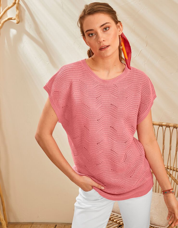 Pull manches courtes, maille fantaisie (corail) Pull manches courtes, maille fantaisie (corail)