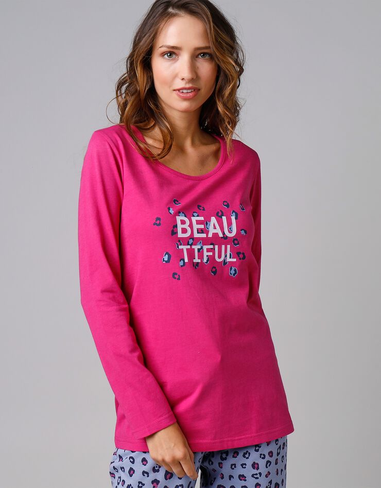 Tee-shirt manches longues coton uni imprimé placé "Beautiful" (fuchsia) Tee-shirt manches longues coton uni imprimé placé "Beautiful" (fuchsia)