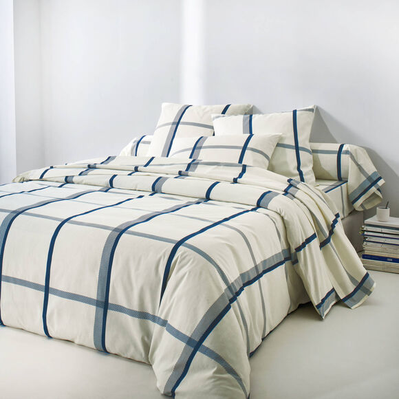 Linge de lit C&eacute;sar en coton imprim&eacute; carreaux (&eacute;cru / marine)
