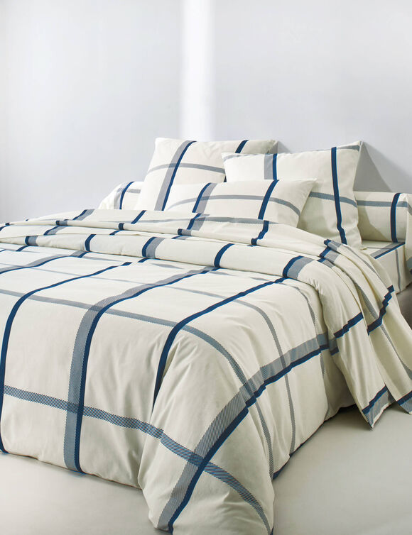 Linge de lit C&eacute;sar en coton imprim&eacute; carreaux (&eacute;cru / marine)