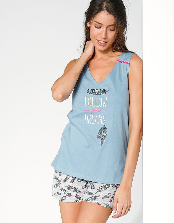 Pyjama short coton imprimé "plumes" (bleu grisé / gris)