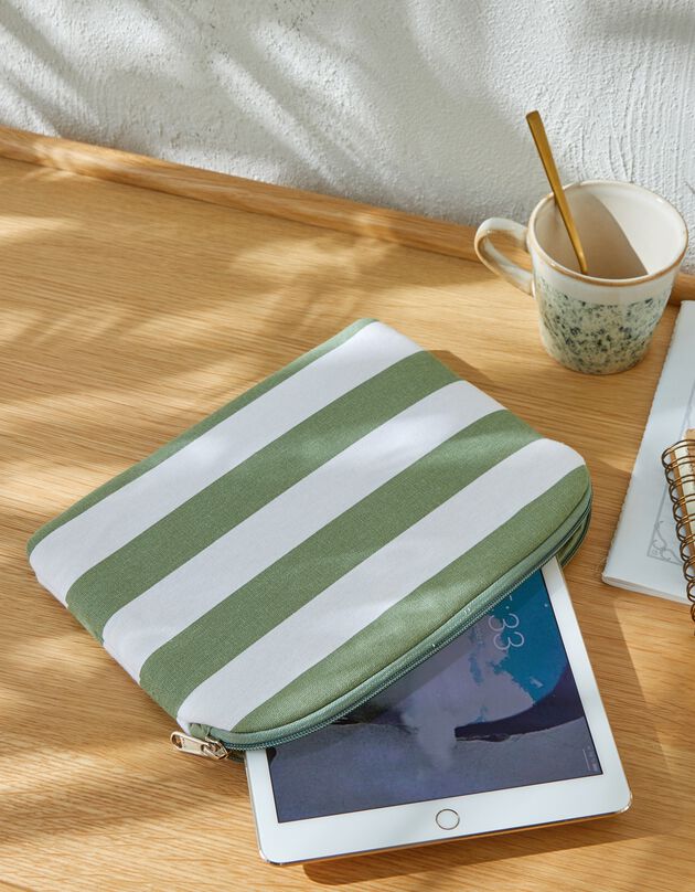 Housse zippée matelassée rayée pour tablette, collection "Ninole" (kaki / blanc)