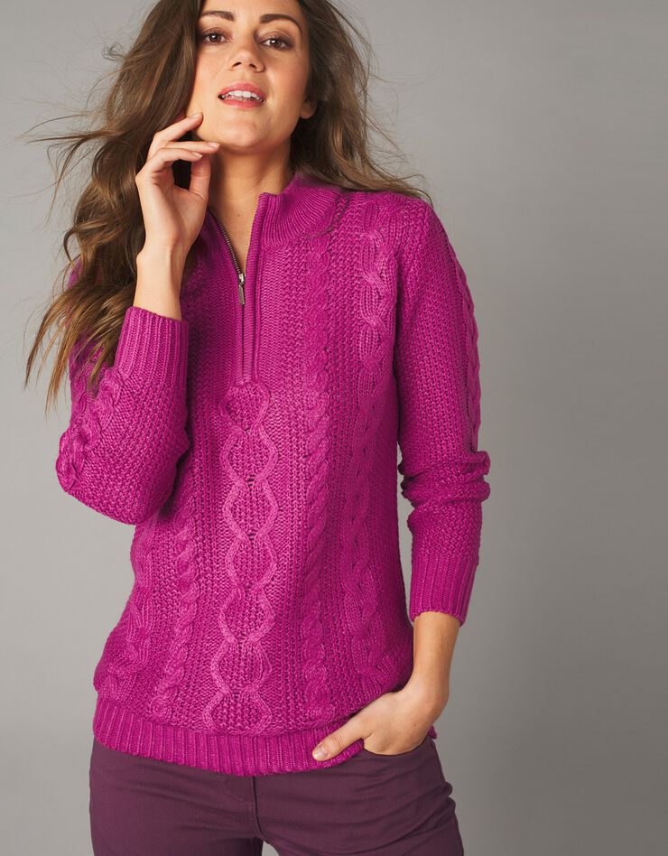 Pull col montant zippé maille torsadée toucher cachemire (violine) Pull col montant zippé maille torsadée toucher cachemire (violine)