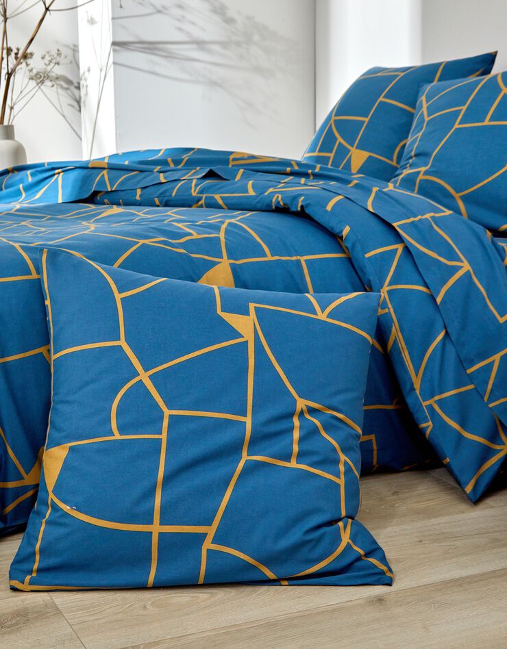 Linge de lit Geoffroy en coton à motifs graphiques (bleu paon)