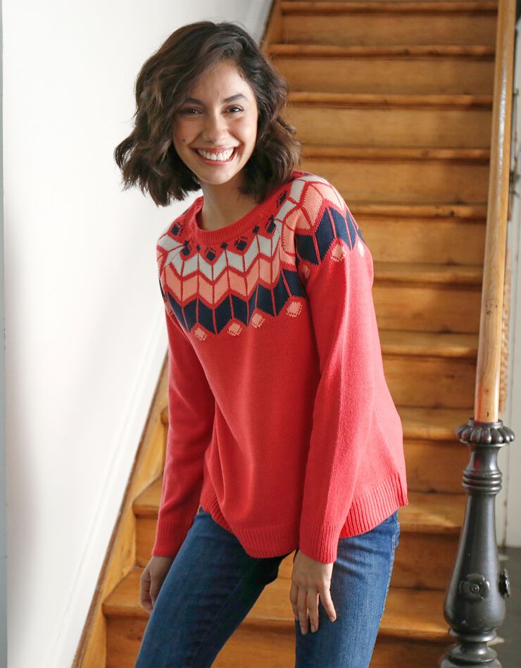 Pull décolleté jacquard (corail / marine) Pull décolleté jacquard (corail / marine)
